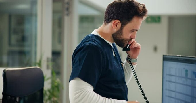 Phone call, nurse and man with paperwork, hospital and talking with contact for patient information. Healthcare, administrator or person with telephone for medical appointment, communication and file