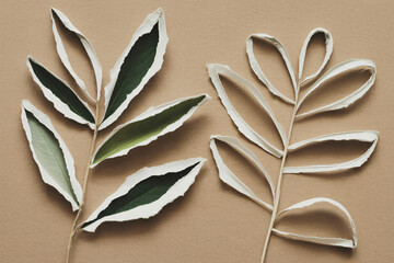torn paper fragments forming botanical shapes, zero-waste artistic expression on neutral surface