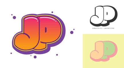 JP logo design for festival or party. Initial letter j and p in graffiti style. Creative modern lettering company name of font typography. Kids trendy logotype or identity.