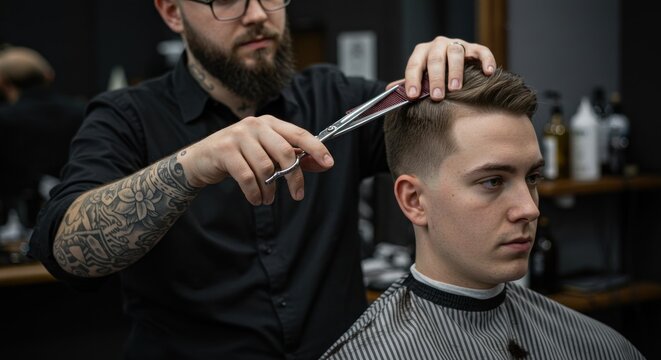 Barber cuts man's hair.  Close-up