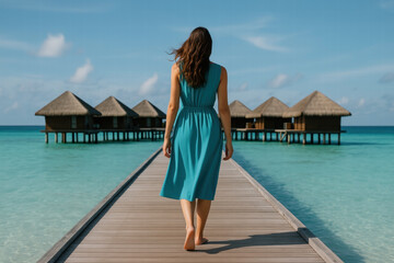 Woman Walking Alone On Wooden Pier Toward Overwater Bungalows In Serene Tropical Setting