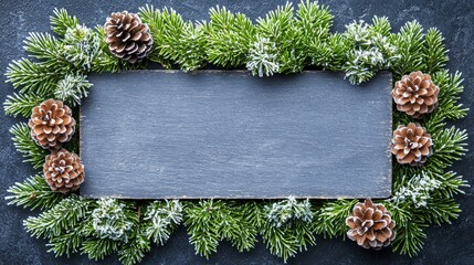 A rustic gray rectangular sign is surrounded by pine branches, pine cones, and a dusting of what looks like artificial snow, 