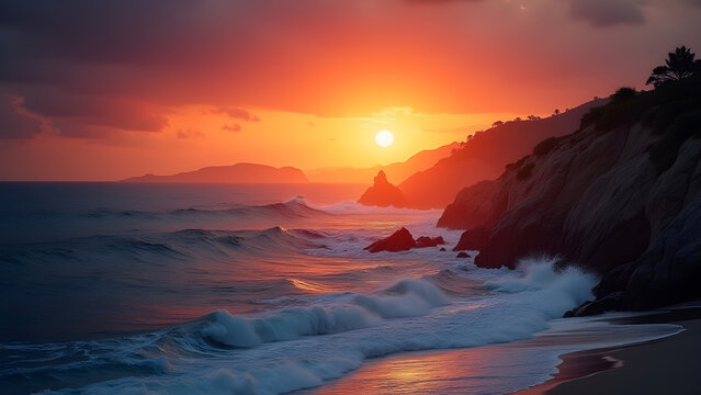Dramatic Coastal Sunset with Waves Against Cliffs for Nature Photography and Design