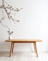 Minimalist White Interior Wall with Simple Wooden Table and Branch