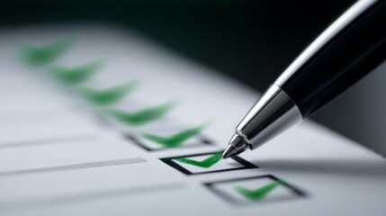 A close-up view of a checklist with green checkmarks. A silver pen is ticking the boxes. This image captures organization and productivity. Perfect for business or personal planning. AI