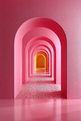 Pink arched hallway with bold color transitions, ideal for modern design projects, fashion editorials, or advertising creative spaces and innovation