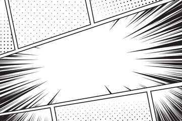 Comic book panels with action effect, cartoon storyboard style frame template, frame retro manga black and white