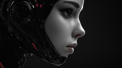 A close-up side profile of a cybernetic female model with delicate human features integrated into a sleek, dark metallic helmet with subtle red glowing accents, set against a black background.
