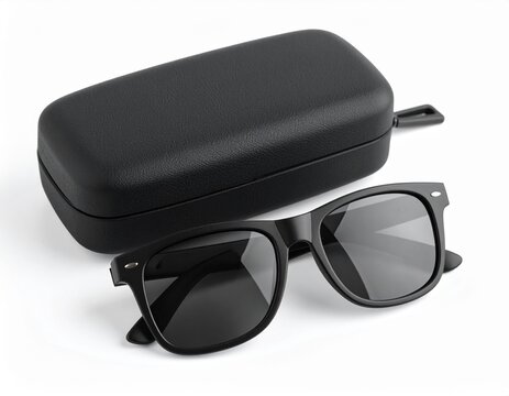 Gafas de sol negras plegadas junto a su estuche r&iacute;gido cerrado, ambos sobre fondo blanco.