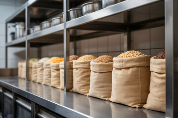 sustainable hemp bags containing various grains, zero-waste storage approach in commercial kitchen
