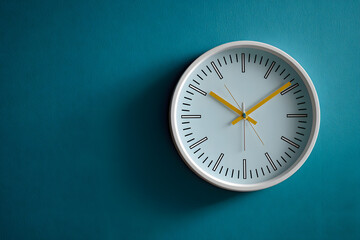 White wall clock with yellow second hand hanging on the wall. Minimalist flat lay image of plastic wall clock over blue turquiose background with copy space and central composition.