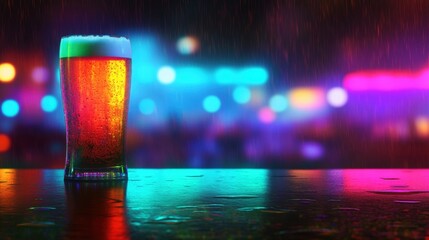Vibrant beer glass illuminated by colorful lights on a rainy night