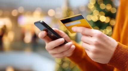 Close up of hands holding credit card and phone for mobile payment showing modern and secure transaction moment.