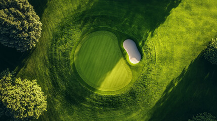Top-down aerial view of a golf course putting green surrounded by trees and a sand bunker. Lush green fairway captured in dramatic sunlight, ideal for sports concepts, landscape backgrounds, or golfin