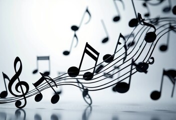 Musical notes and staff lines floating in a dynamic, abstract composition