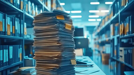 Tall stack of documents, office archive room view