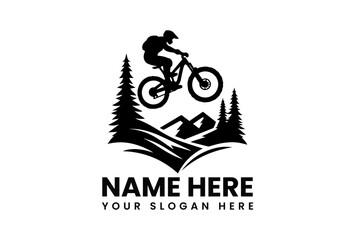 Stylized black vector logo featuring extreme mountain biker airborne over rough terrain with forest backdrop