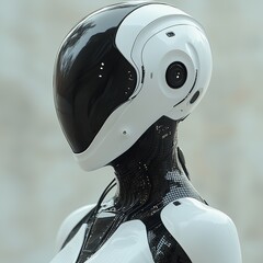 A sleek, futuristic cybernetic female model in white and black, featuring a smooth, visor-like helmet and visible mechanical details on the neck, presented in a profile view.