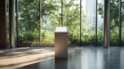 Modern pedestal display in a spacious, light-filled gallery. Sunlight streams through large windows showcasing lush greenery and city views
