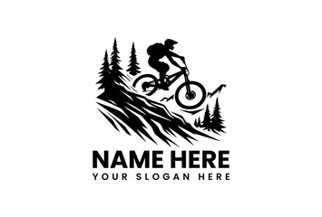 Black vector silhouette of mountain biker performing dangerous jump over rocky terrain with coniferous trees