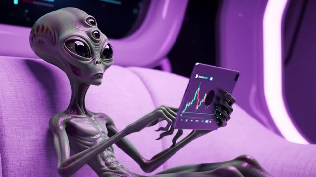 A young alien creature at home using a sleek tablet to track cryptocurrency prices, graphs rising on the screen