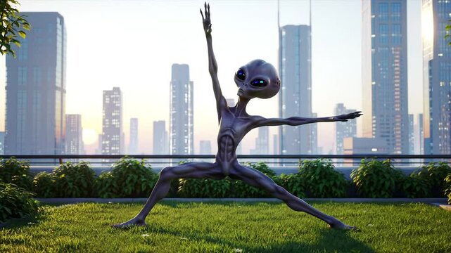 Fit humanoid alien doing stretching and light cardio on a green rooftop garden
