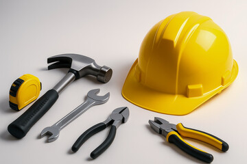 Construction Helmet And Tools Set Arranged Neatly On White Background For Industrial Concepts