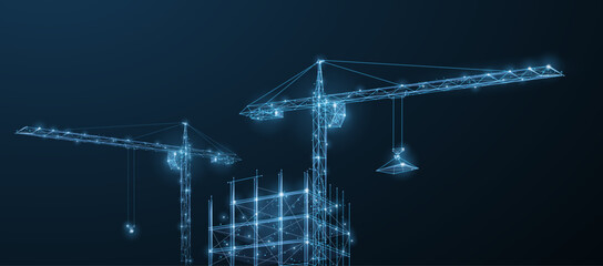 Construction. Polygonal wireframe building under crune on dark blue night sky with dots, stars.