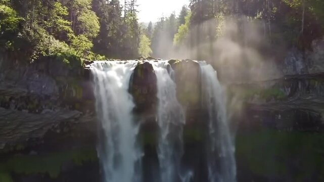 Cinematic aerial shot of a powerful waterfall cascading down rocky cliffs surrounded by dense fores