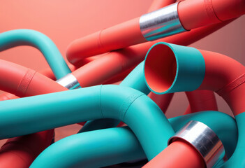 Colorful flexible tubes intertwined against a soft pink background create an abstract modern design
