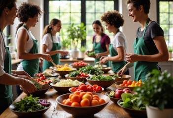 Group of women preparing fresh vegetables and fruits in a bright kitchen