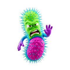 Angry 3D Cartoon Bacteria or Virus Character with Spikes, Isolated on White Background