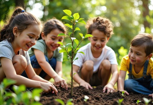 Children planting a young tree outdoors, promoting environmental awareness and teamwork