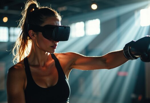 Woman wearing a virtual reality headset and boxing gloves in a gym setting