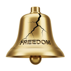 Iconic 3D Render of a Cracked Golden Liberty Bell with "FREEDOM" Engraved, Isolated on White