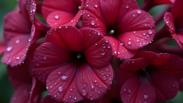 Close-up of vibrant burgundy flowers covered in dew drops.