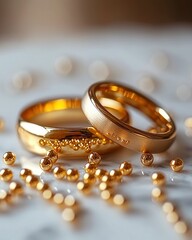 Two golden wedding rings with tiny gold pearls around