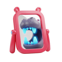 Humorous 3D Render of a Roaring Hippo Reflected in a Pink Mirror with Glowing Teeth