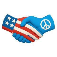 3D Render of an American Flag Handshake with a Peace Symbol Hand, Representing Diplomacy and Alliance