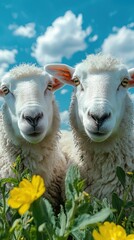 Two sheep look straight at camera. Sunny, floral field