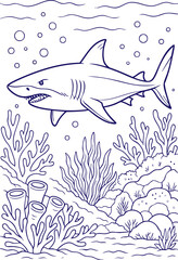 Shark swimming in coral reef underwater scene line art style