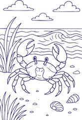 Crab on sandy beach with seashells in black and white line art