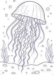 ellyfish swimming underwater in black and white line art