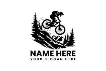 Dynamic black silhouette vector logo of extreme mountain biker jumping over rugged terrain with pine trees background