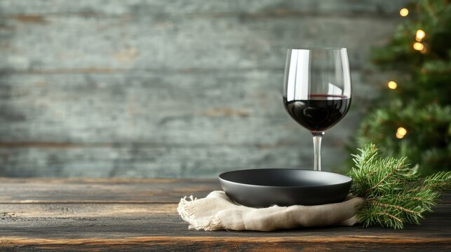 An elegant wine glass paired with a minimalist black plate is set against a rustic wooden table, beautifully enhancing the ambiance for festive gatherings and intimate dinners.