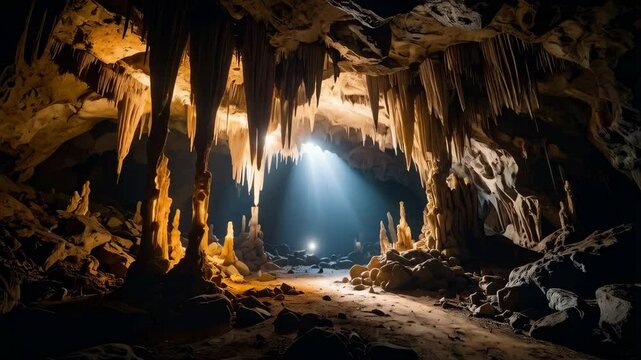Illuminated cave interior featuring stalactites, stalagmites, rocks, and a light source in a dark environment