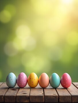 row of colorful easter eggs on wooden table and bokeh background, place for typography and logo. Rustic wooden table. Easter theme. .
