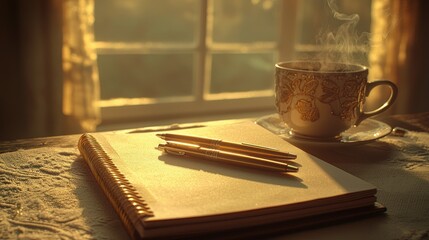 Warm, cozy scene with notebook, pens, and steaming drink