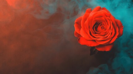 Red rose emerges through colorful smoke in a dramatic background setting