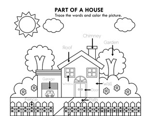 Learning vocabulary parts of the house.Trace and color.Coloring book.Activities for kids, preschool and kindergarten.Worksheet english words for school, teacher and student.Vector illustration.